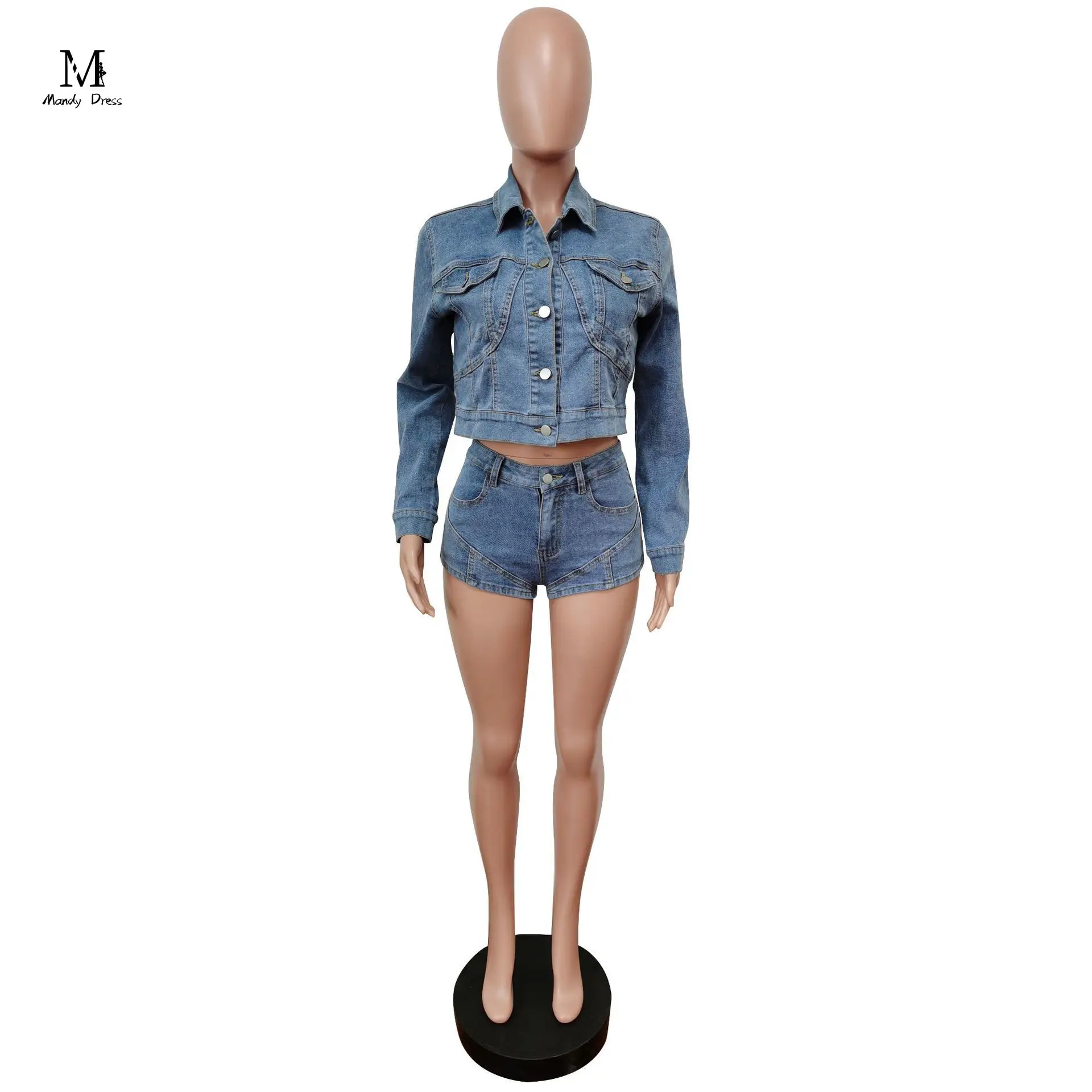 Modne damskie jeansowe dwuczęściowe zestaw szortów bluza z długim rękawem elastyczne wiosenne stroje Streetwear Sexy jeans 2 częściowy zestaw dla