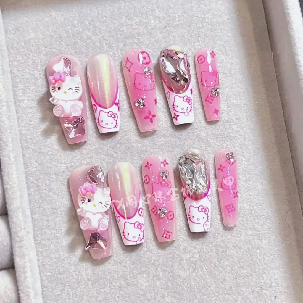 

Cute Hello Kitty False Nails Aurora French Handmade Finished Products Girl Hot Girl Wear Nails Fashion Dress Up Decoration