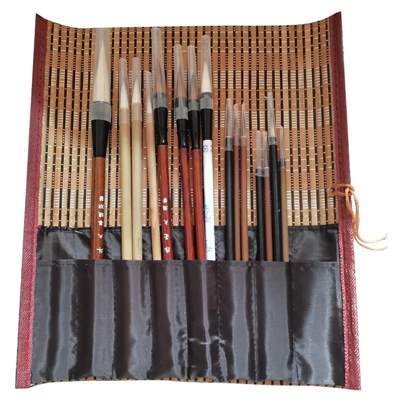 15Pcs Chinese Writing Brushes With Roll-Up Brush Holder Watercolor Art Ceramic Ink Painting Writing