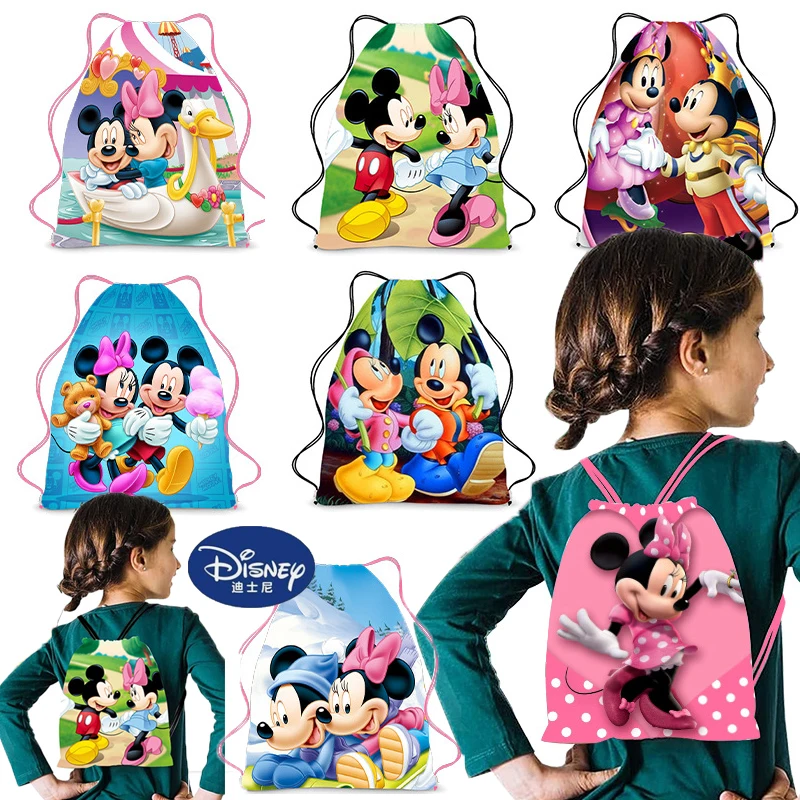 New Anime Minnie Mouse Drawstring Pocket Kawaii Mickey Portable Storage Backpack Cartoon Printing Children's Gifts