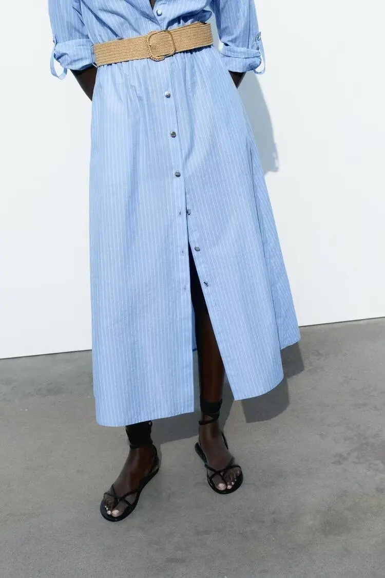 2024年夏新作 レディース イエロー リネン ベルト付き ロング丈 ゆったり ウエストAラインスカート シングルボタン留め インス スタイル