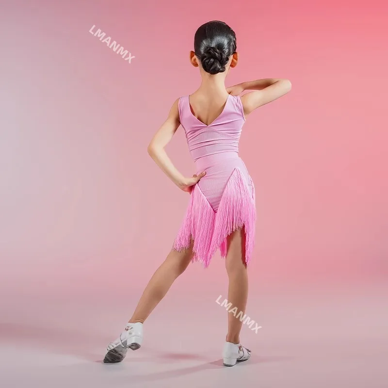 2025 verão nova menina vestido de dança latina sem mangas com decote em v borla tri cor emenda prática vestido