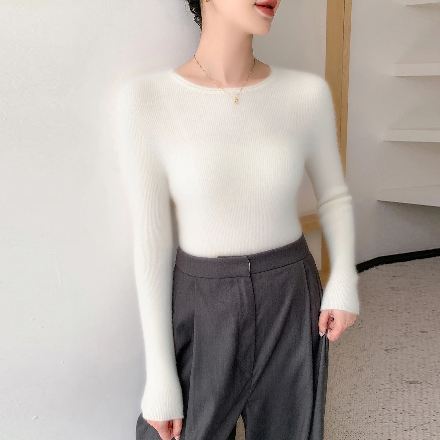 Осень-зима, пуловер из 100% чистого кашемира с круглым вырезом, женский однотонный облегающий свитер с внутренней вязкой, базовые топы с длинными рукавами, мягкий комфорт