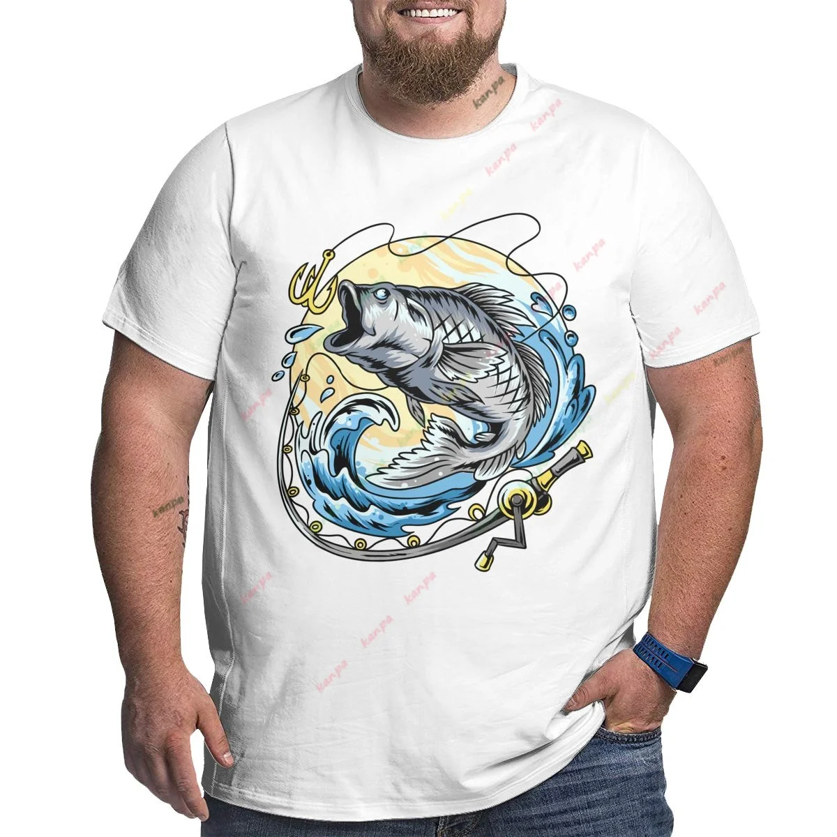 

Loose Fit T-Shirt Men 100% Cotton Plus Size Casual Daily Wear Top White 6xl big size 5xxl Fish Funny Sunny 4XL