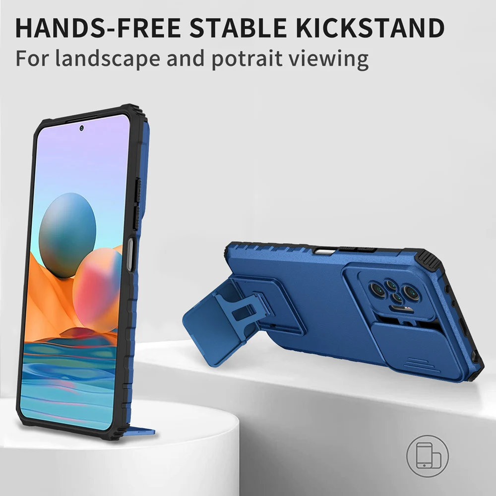 KEYSION Shockproof Case for Redmi Note 10 Pro 10S 9 8 Push Pull Camera Protection Live Stand Phone Cover for Redmi 10 C 9A 9C 9T