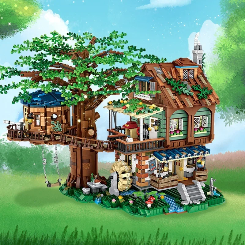 4761 sztuk modułowy budynek leśny domek na drzewie kabina koło wodne huśtawka rzeka Mini klocki cegły DIY architektura zabawka dla dzieci