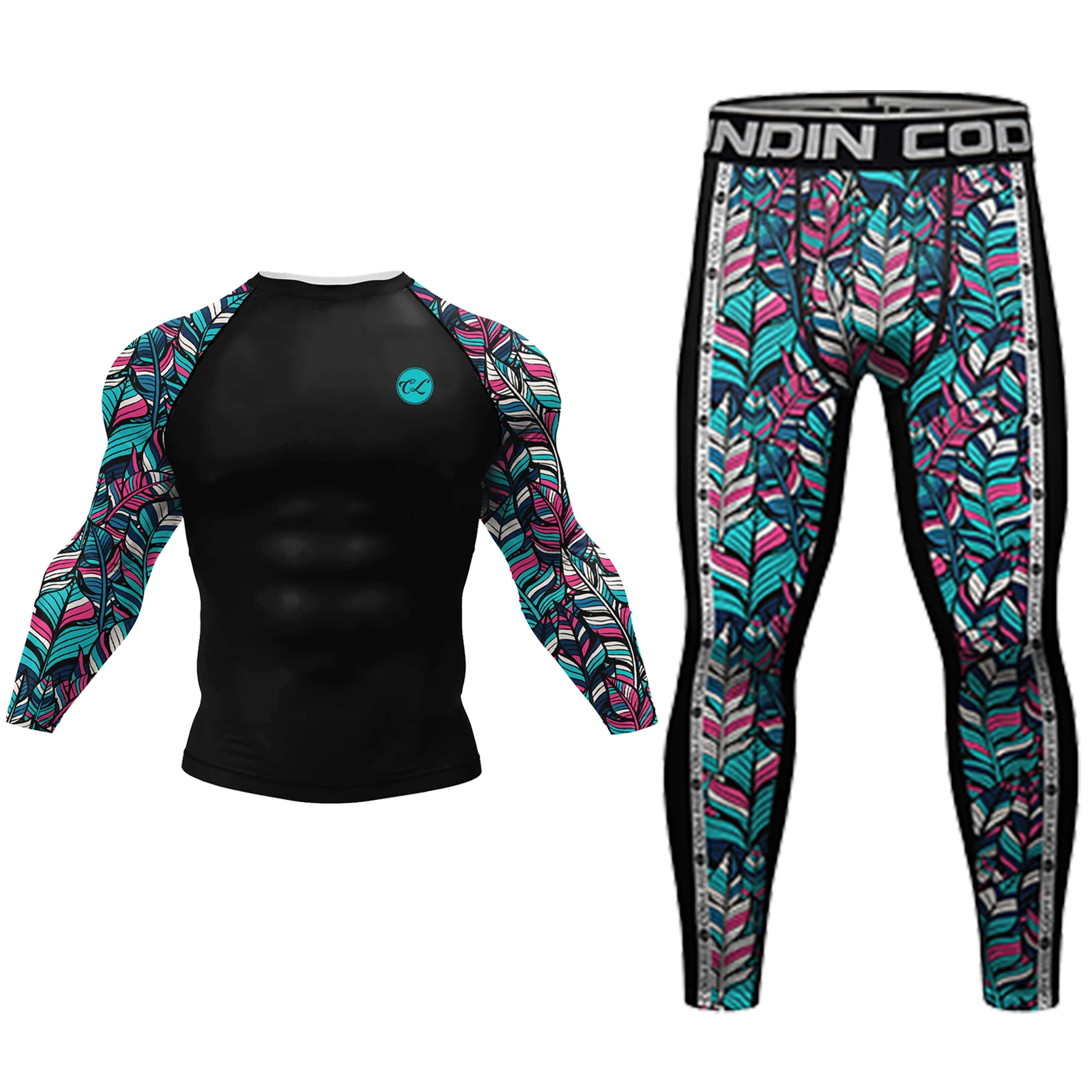 cody Lundin Colorful Leaf Print Men's Gym MMA BJJ Training 4-Piece Set Quick Dry Elastic Kickboxing Jiu Jitsu Rash Guard Suit