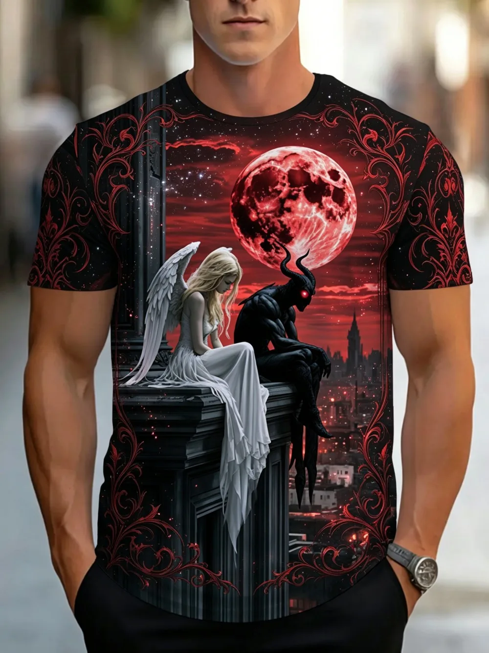 Blood Moon Angel and Demon Patterns 3D Printed Men and Women T-shirt Fashion Breathable Quick-drying Outdoor Sports Leisure Tops