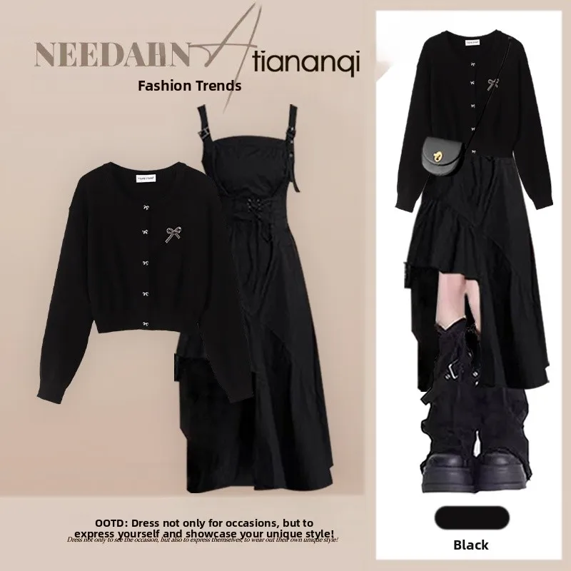 

Elegant Autumn Knot Knitted Top And Asymmetrical Slimming Strap Dress Women's Fashion Set Long Sleeve round Neck Ca...