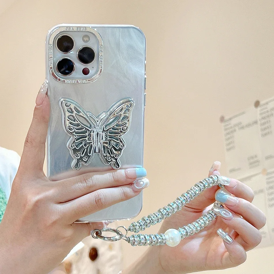 Electroplated Metal Butterfly Case for IPhone 15 14 13 12 11 Pro Max Plus Round Pearl Bracelet Anti Drop Case