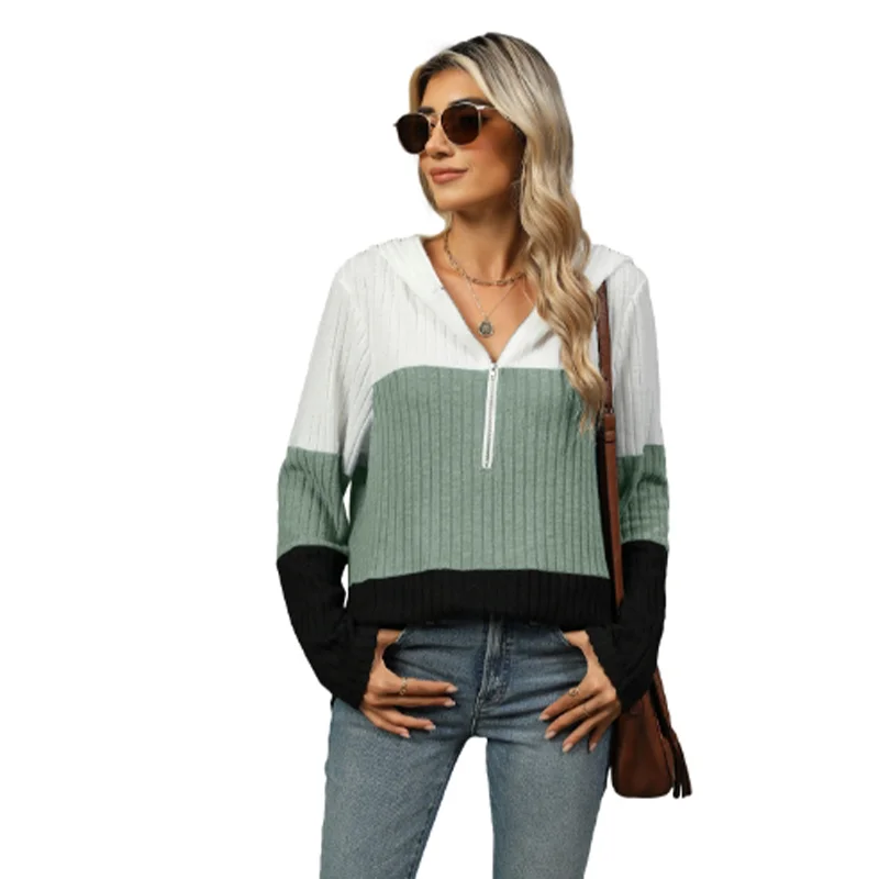 Nice Hooded Loose Long Sleeve Zipper Pullover Women's Color Block T-shirt Trendy Casual Autumn Top