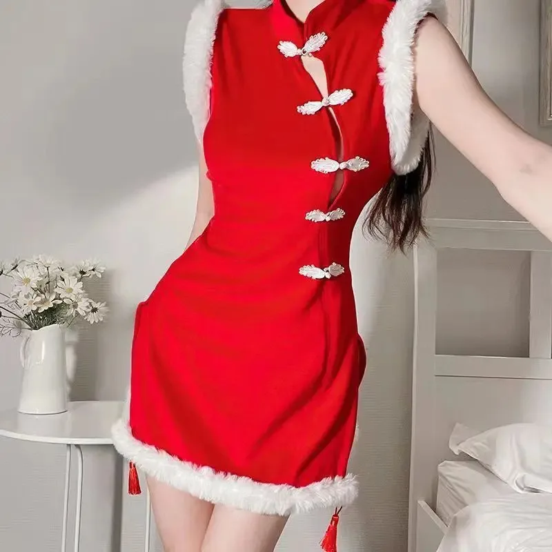 

Сексуальный рождественский костюм для косплея, рождественская униформа богини, винтажное платье Cheongsam, одежда Санта-Клауса для ролевых игр, экзотическое нижнее белье