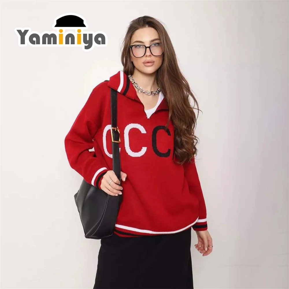 Yaminiya Women's Sweater Knitted Long Sleeve Lapel Letter Knitted Women's Jumper Simple Fashion Casual Shirt Women 2024 New