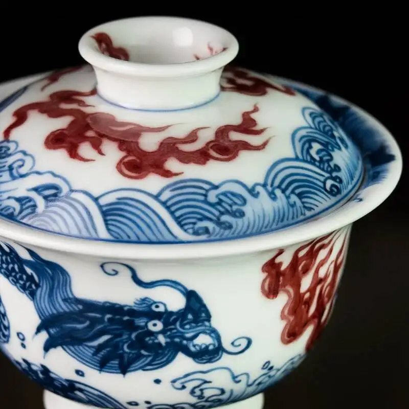 Holy Mountain Imitation Bright Blue And White Underglaze Red Dragon Pattern Seawater Jingdezhen Antique Handmade Ceramic Tea Set