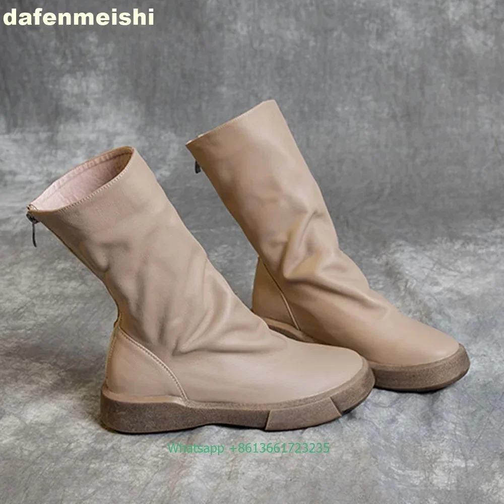 2025 Winter Warme Fleece Mode Laarzen Zwart/bruin Koeienhuid Platform Terug Rits Laarzen Ronde Neus Effen Kleur Dames Halfhoge Laarzen