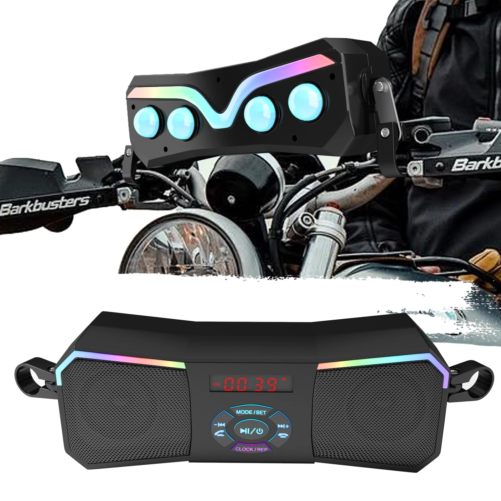 طقم صوت مثبت على مقود الدراجة النارية - مكبرات صوت ستيريو لاسلكية، مشغل MP3 12 فولت، USB/AUX وراديو FM للراكبين