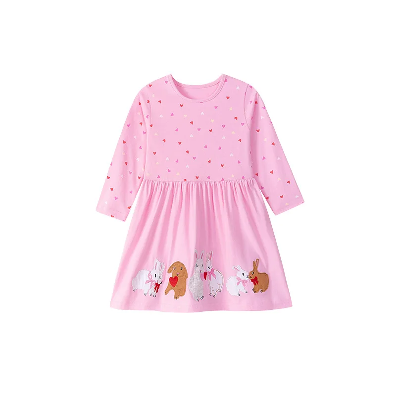

Autumn Pink Bunny Cartoon Style 100% Cotton Soft Cute Printed Dress with Polka Dot Heart for Girls Refreshing Girl's Skirt