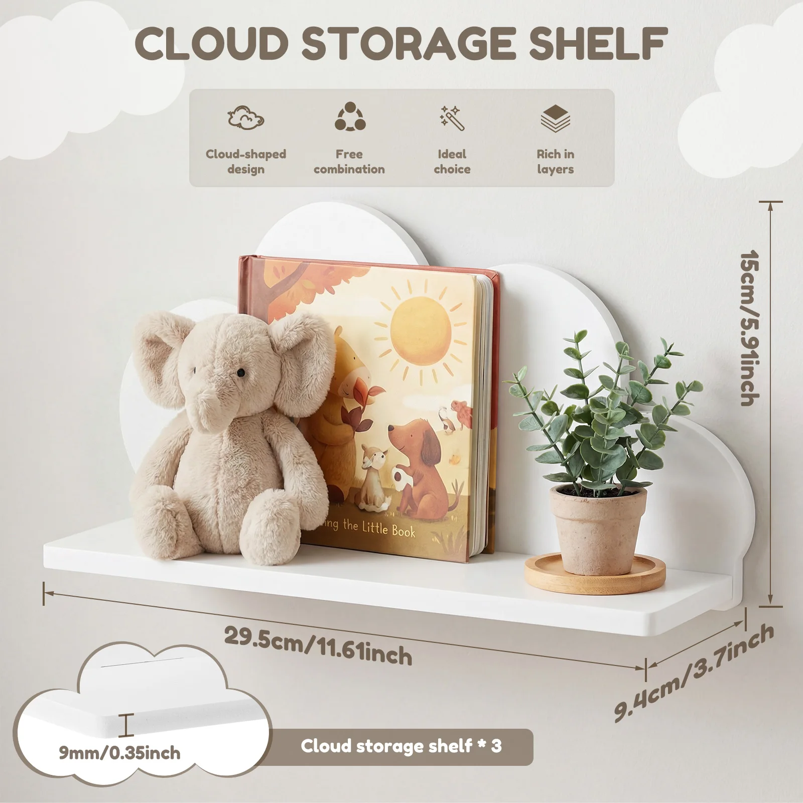 3Pcs Cloud Floating Shelf Wood Plastic Board Wall Storage Rack Durable Stable Cloud Shape Floating Shelves Decorative Bookshelf