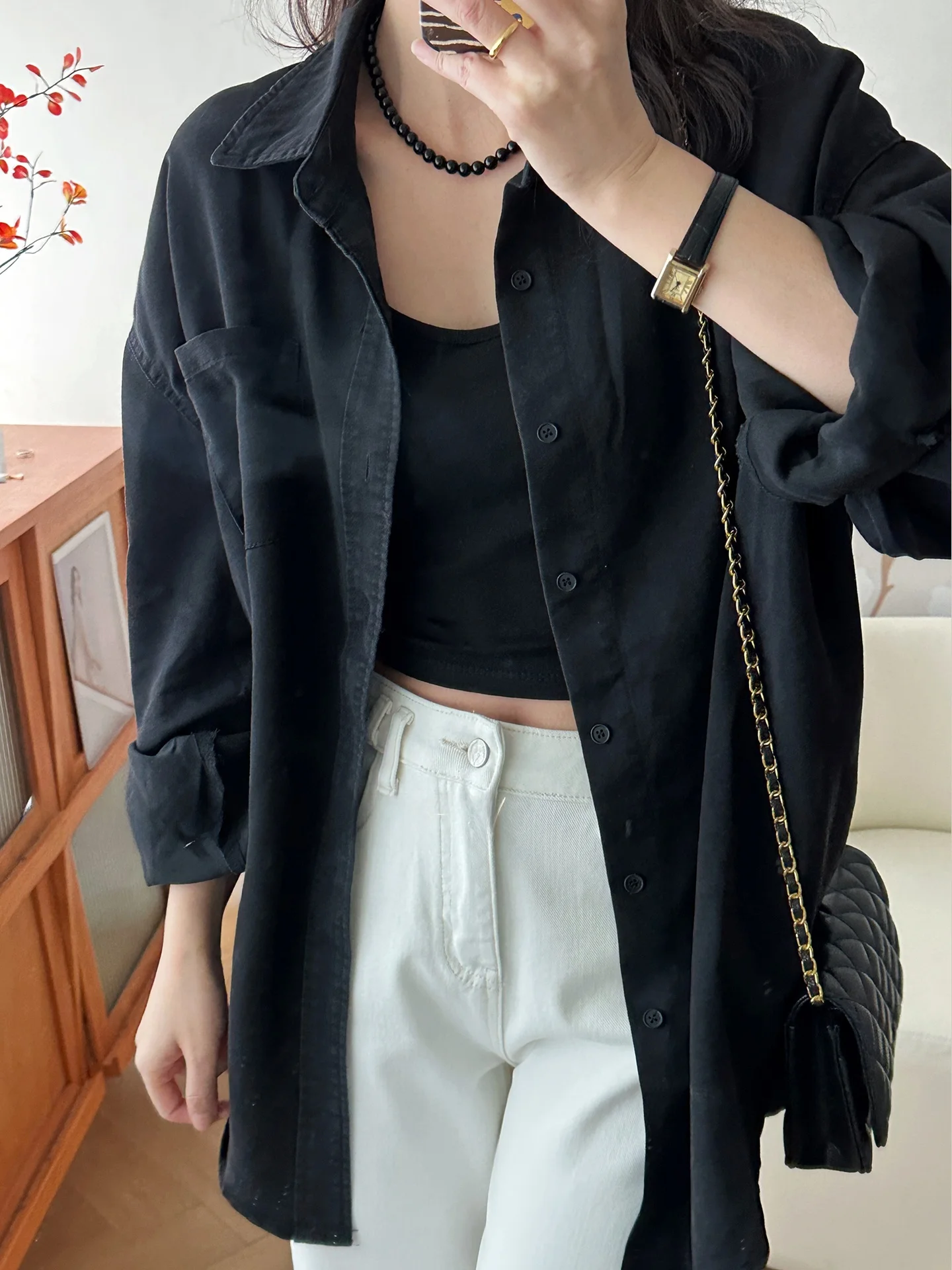 

Корейская повседневная винтажная черная рубашка оверсайз с длинным рукавом для женщин, свободная универсальная верхняя одежда для отдыха с защитой от солнца