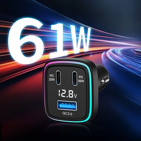 차량용 충전기 어댑터, 자동 USB C 어댑터, 휴대폰 충전기, 다채로운 주변 조명, 자동차 어댑터, 3 포트 고속 충전, 61W, 8 색