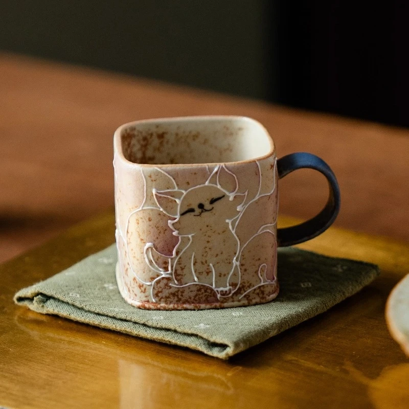 Hand-painted Nine-tailed Fairy Fox Four-sided Teacup with Handle Home Not Hot To The Touch Retro Firestone Red Kung Fu Tea Cup