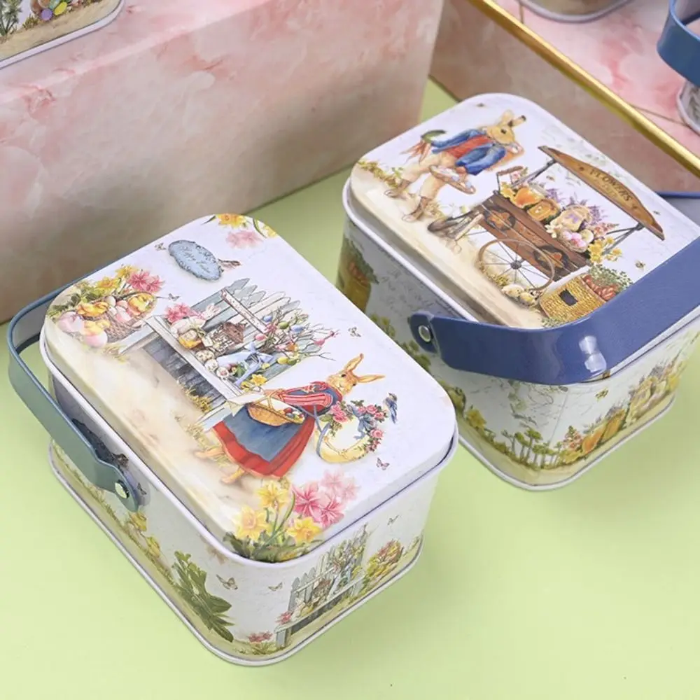 Rabbit Printed Small Gift Box With Lids Vintage Tinplate Hand-held Storage Can Metal Candy Cookie Suitcase For Wedding