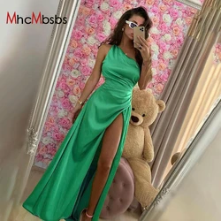 Sexy Slant Shoulder Ruched Casual Satin Maxi Dress Women High Slit Green Party Vestido 2024 Summer Fairy Core Birthday Clothes