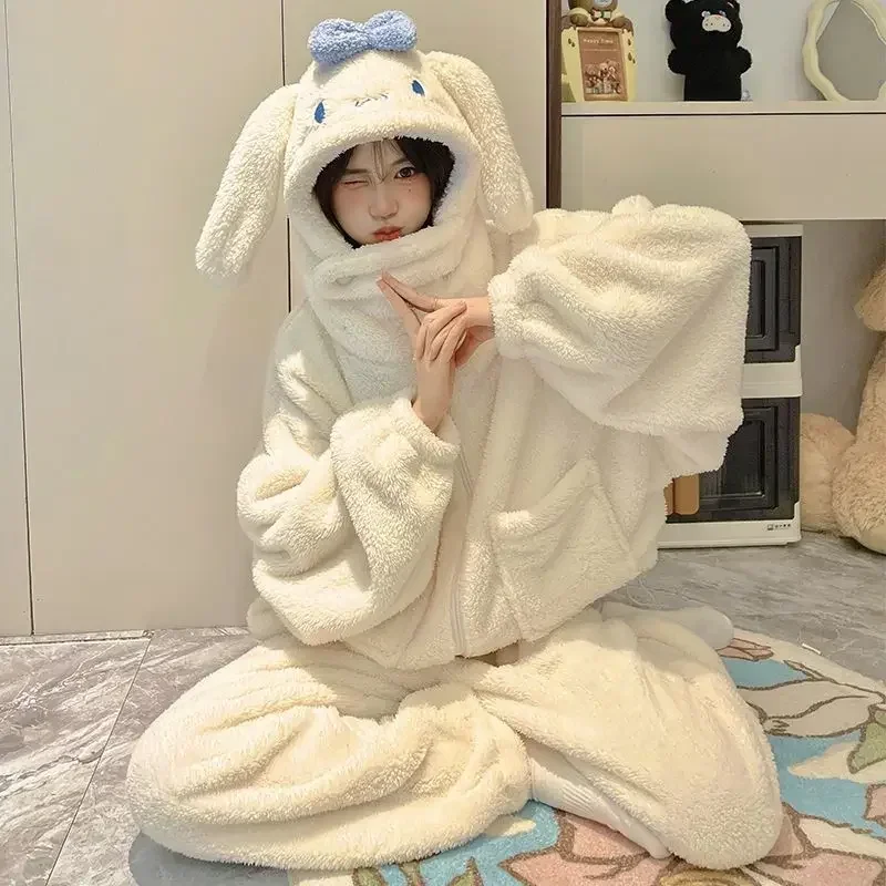 

My Melody Anime Kawaii MINISO Ins Long Sleeve Coat Pants Set Cute Cinnamoroll Kuromi Hooded Coral Velvet Pajamas Gifts for Kids