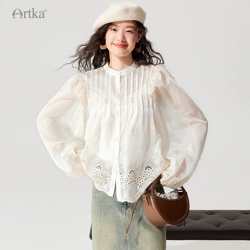 ARTKA 2023 Early Autumn New Women Blouse French Elegant Lace Embroidery O-Neck Shirt Hollow Out Long Sleeve White Shirt SA92332Q