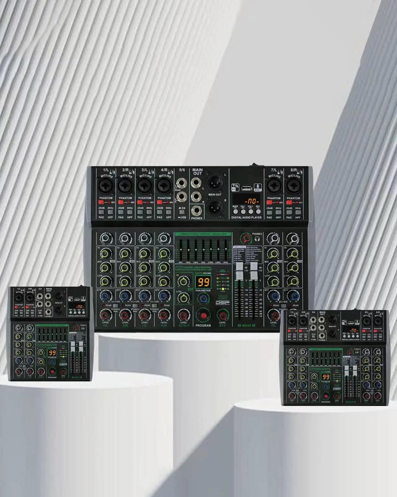 

AIBEDO AK 4/6/8 Channels Professional Audio Mixer with 99 DSP，7-Band Equalizer，Bluetooth，USB and MP3 Recording function