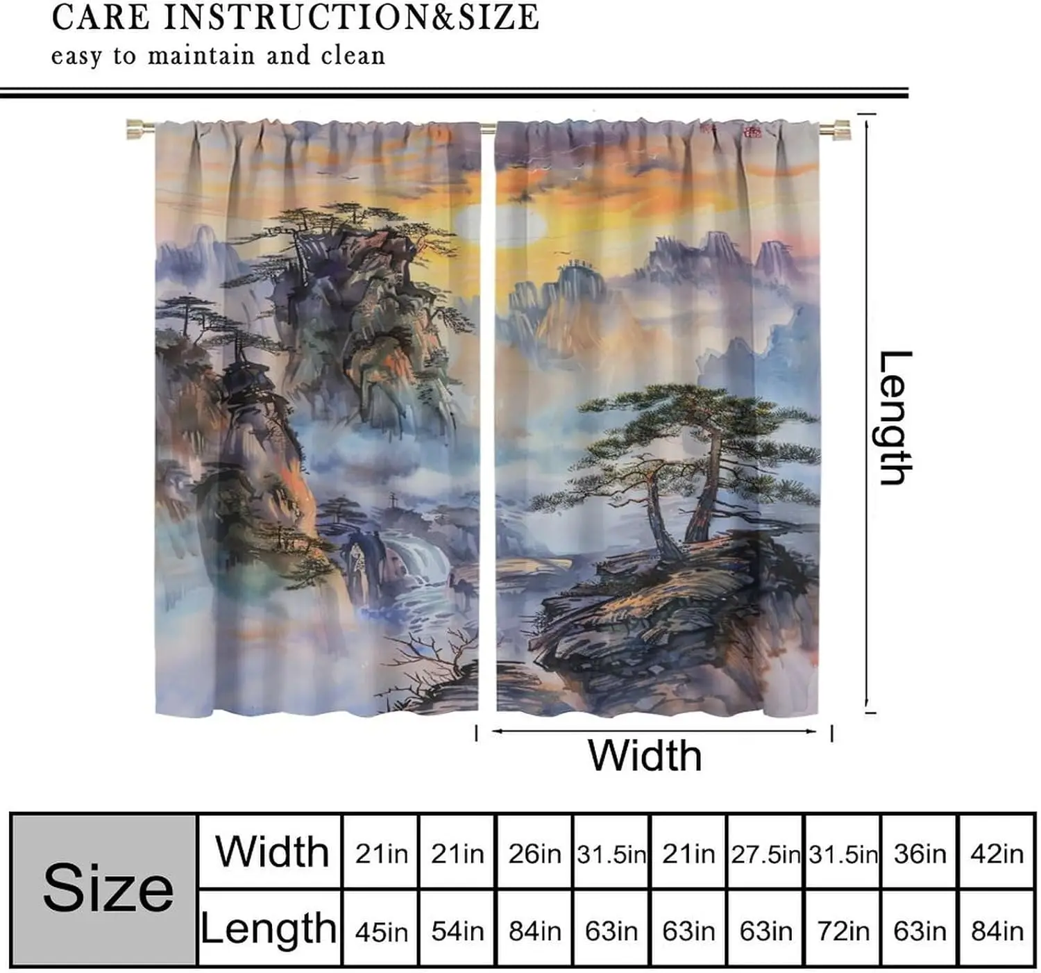 Asian Nature Landscape Curtains, Waterfall Tree Print 2 Panels Drapes for Living Room Kitchen Bathroom Decor