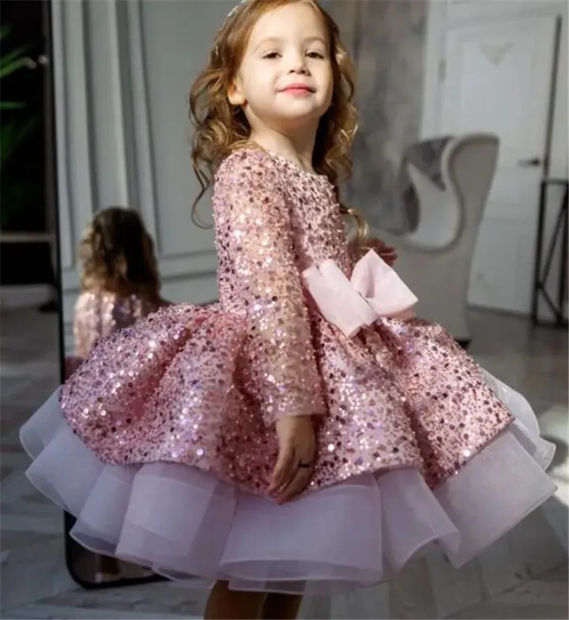 Flauschige rosa Prinzessin Kleid Hochzeits feier Blumen mädchen Kleid Langarm Geburtstags kleid Brautjungfer Kleider Kind 1-14t