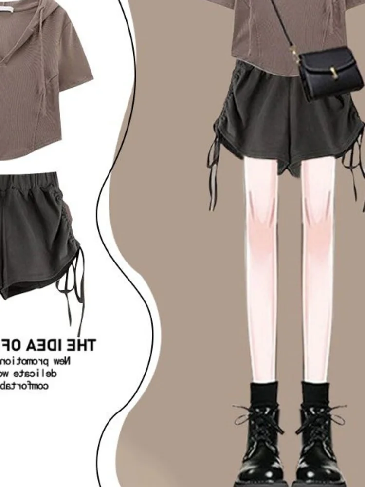 

Korean Casual Sle Hooded ort Sve Patchwork orts Two-Piece Set plus Size Summer Women's Faion Ensemble