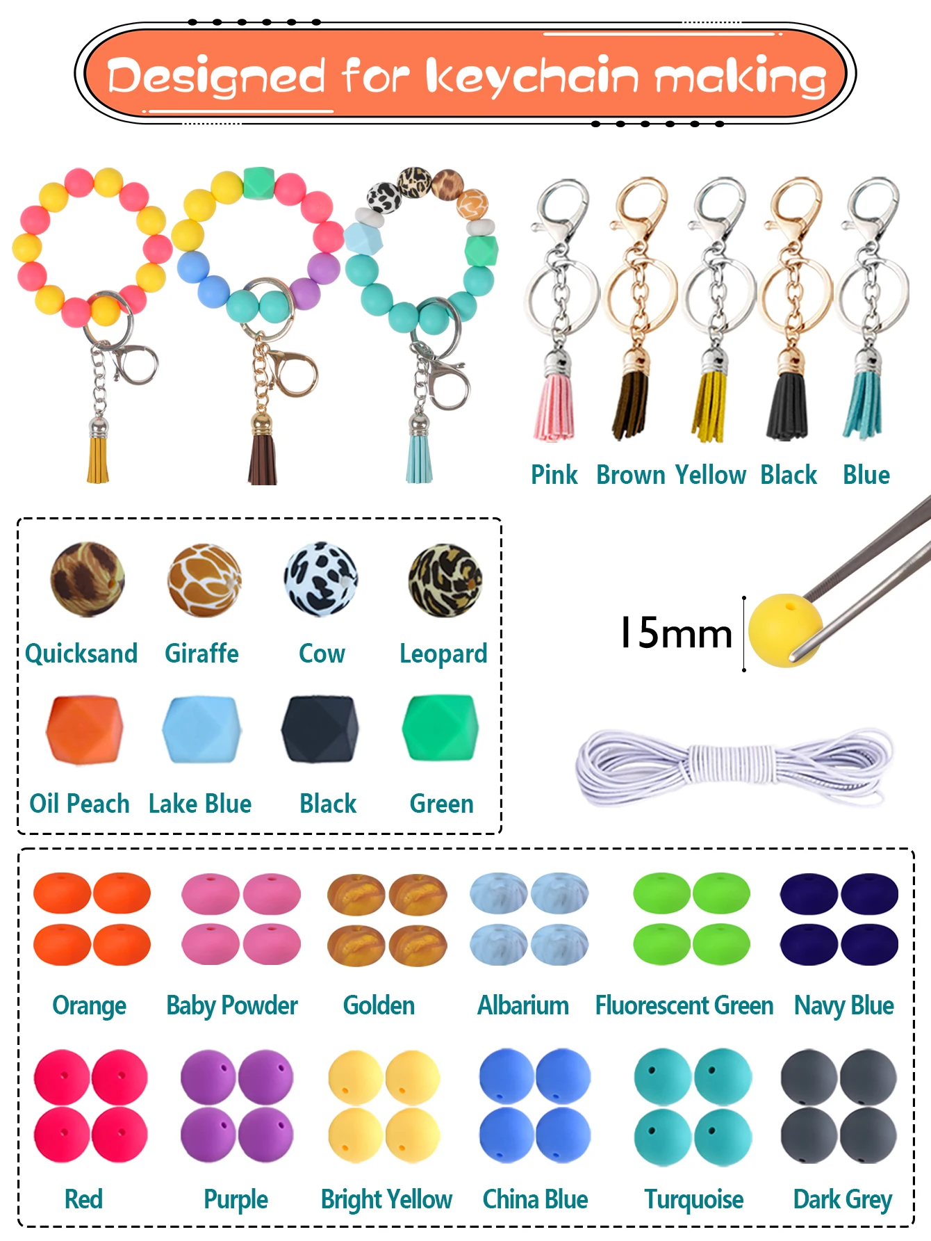 114pcs diy keychain supplies 15mm silicone beads for keychain making assorted colorful big bulk beads focal beads for jewelry