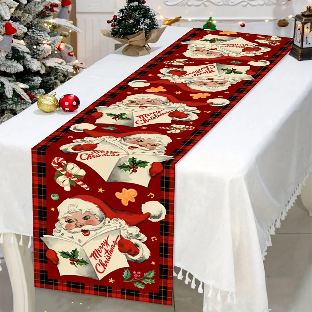 Linen Table Runner Snowman with Cardinal Bird  Christmas Tree on Off White Plaid  Winter Holiday Home Decor