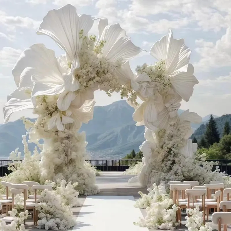 Luxury custom wedding stage showcases giant silk flower metal frame background wall for wedding event art deco installation