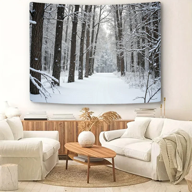 1pc tapeçaria de parede "winter país das maravilhas floresta caminho estátua decorativa cena nevada"