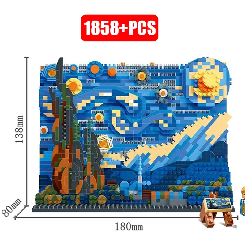 Vincent Van Gogh The Starry Night Painting Building Blocks 3D Art Assembling Microbricks Home Decorae Educational Toys Gifts