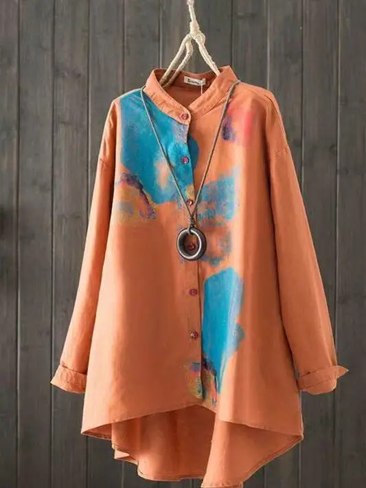 فضفاضة تناسب طويلة Sve القطن الكتان irt العلامة التجارية الملابس النسائية مصممة التخسيس منتصف طول الوقوف طوق Busin عادية