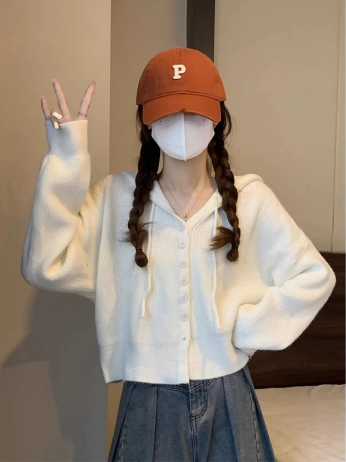 

Laid-ba Sle ort Hooded Knit Cardigan Women's White Spring Autumn New Arrival Open-front Sweater Top Small Size