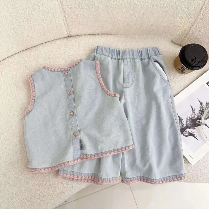 

Korean Cartoon Rabbit Embroidery Denim 2Pcs Kids Vest+wide Leg Pants Suit Children Thin Outfit Summer Baby Girls Clothes Set