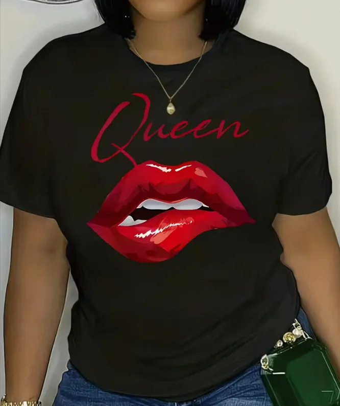 

Plus - Size Black Round Neck T - Shirt with 'Queen' and Lip - themed Print: Glamorous and Empowering