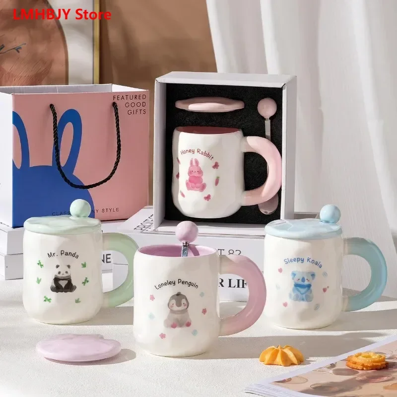 LMHBJY Cartoon Panda Ceramic Cup High Beauty Creative Mug with Hand Gift Girl Couple Water Cup with Lid Spoon Coffee Cup