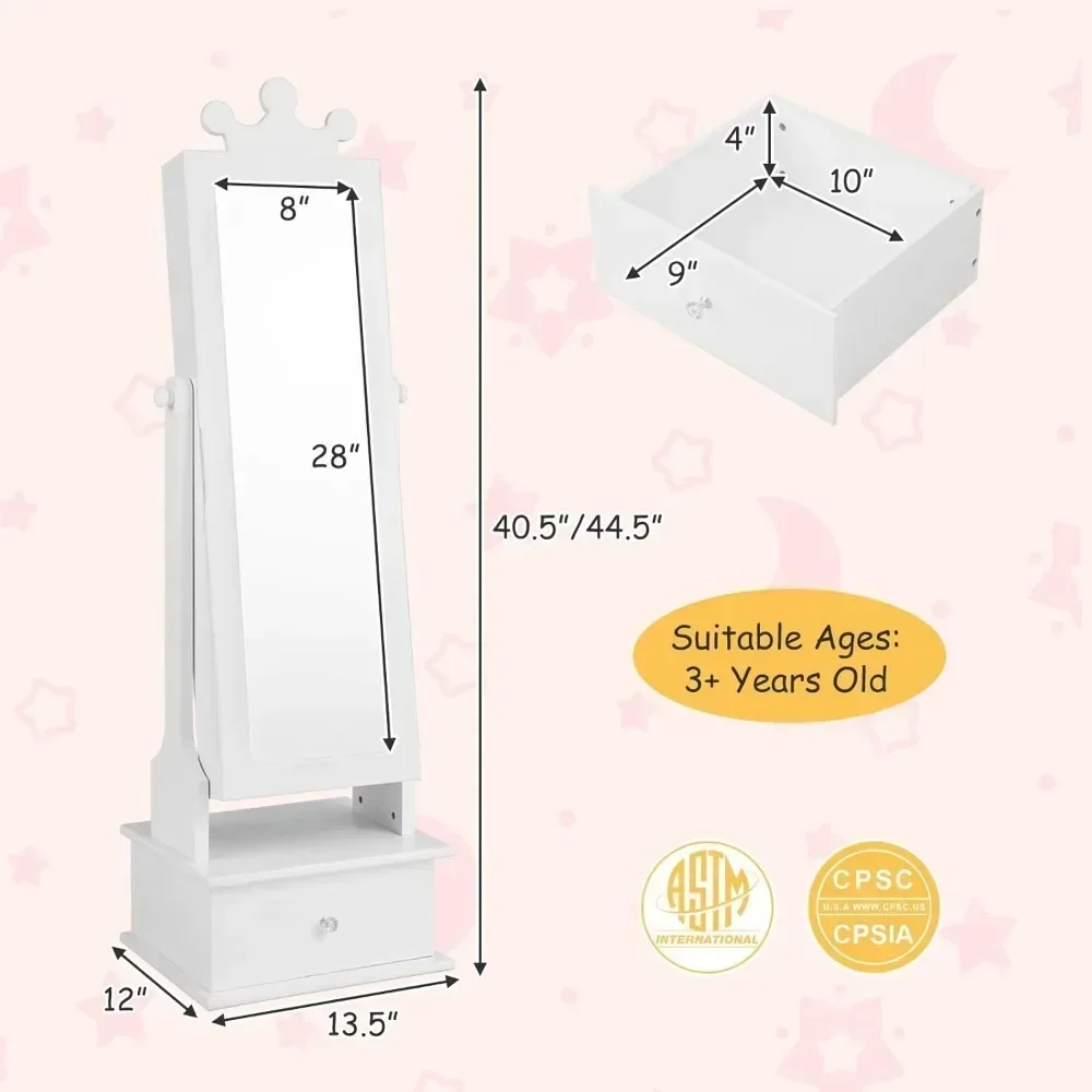 Kids Jewelry Armoire Cabinet, 2-Angle Tilting Wooden Standing Jewelry Organizer with Full-length Mirror and Storage Drawers