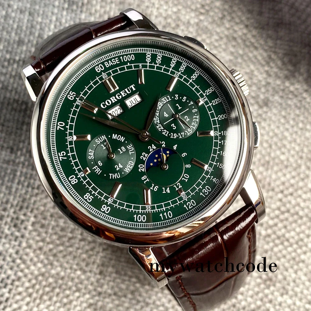 Corgeut zielony/różowy/biały/czarny/niebieski 42mm wielofunkcyjny ST1655 polerowany automatyczny zegarek męski skórzany pasek
