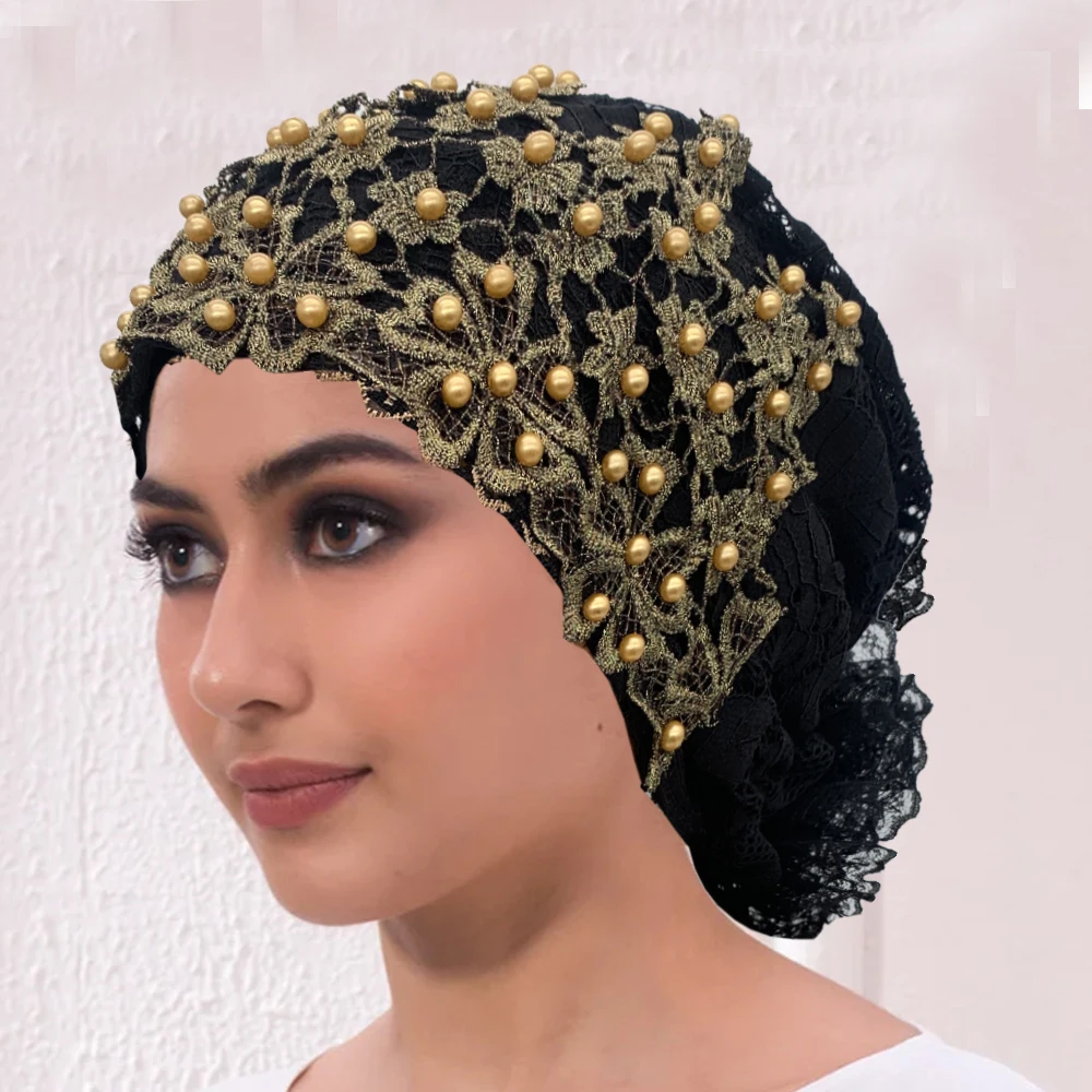 Haftowany turban z koralikami dla kobiet Muzułmańska chusta na głowę Kapelusz Chemo Cap Afrykańska chusta na głowę Bonnet