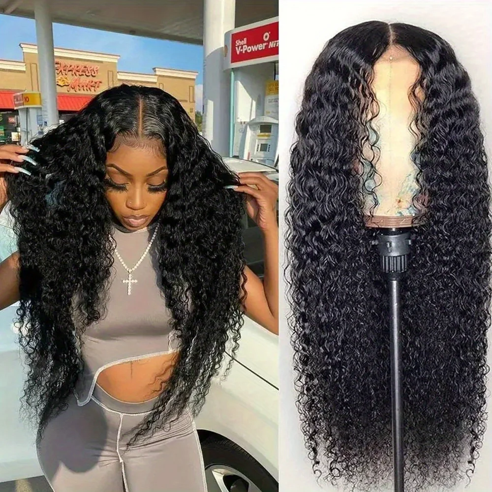 

200% Density Curly Wave Human Hair Wig Natural Black 26inch Middle Part Wig Deep Wave Natural Looking Hair for Daily Party Use for Black Women