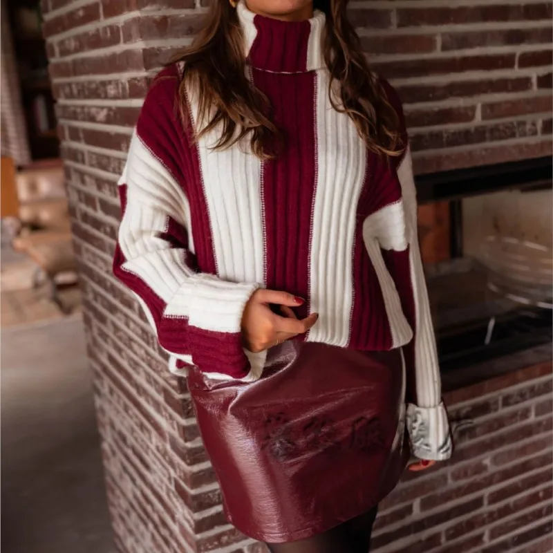 

Autumn Winter New Women's Striped Knit Sweater Patchwork Turtleneck Long Sleeve Warm Loose Pullover For Women