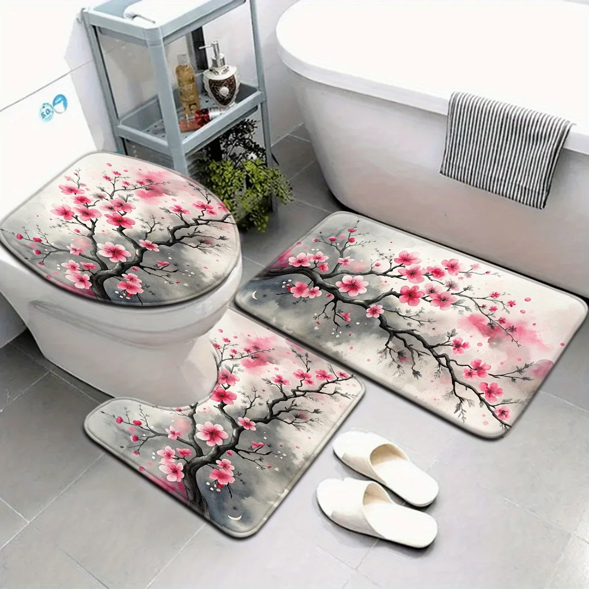 Elegant Floral Bath Mat Set Cherry Blossom Home Decor Toilet Seat Mat Slippers Spa Accessories Luxury Gift