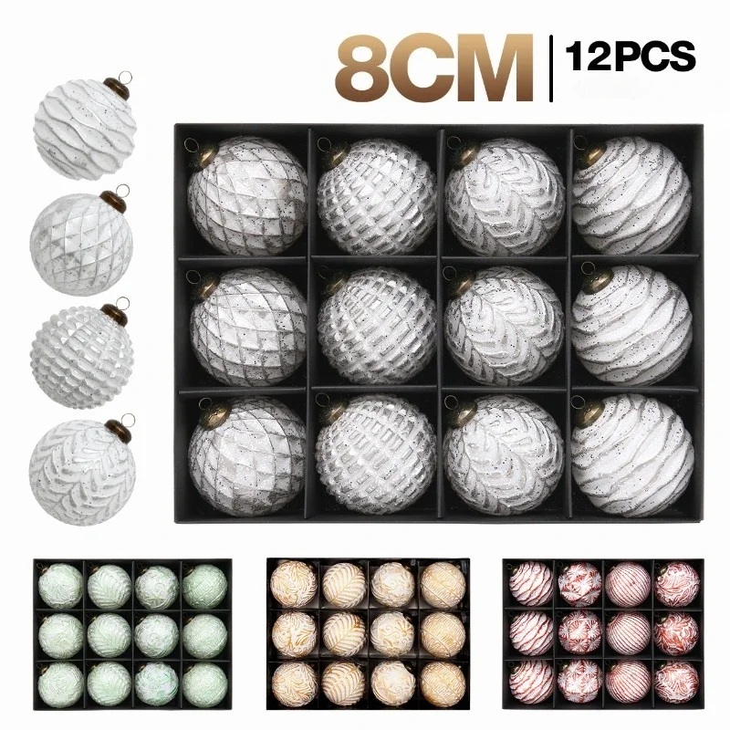 12pcs 8cm Retro Christmas Ball Ornaments Euro Light Luxury Christmas Tree Party Decoration New Christmas Spheres Pendant Set